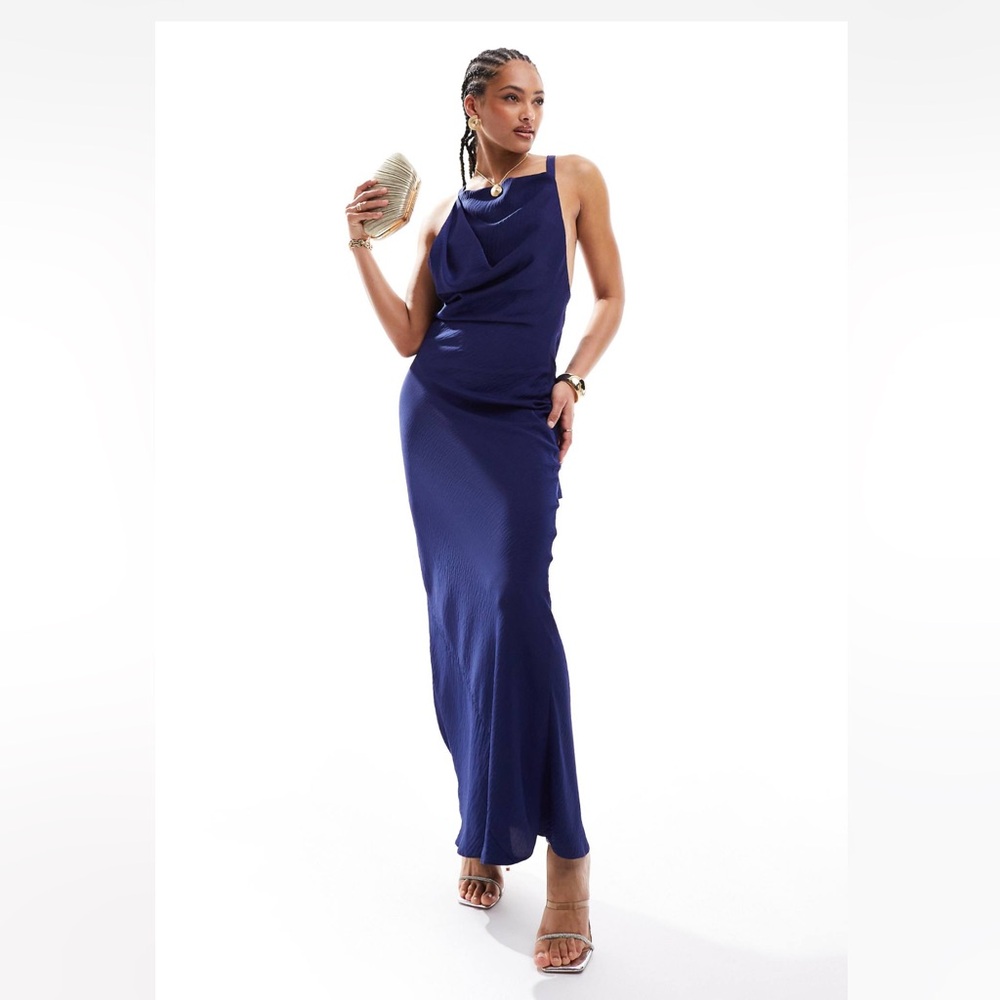BRAND NEW ASOS DESIGN satin cowl back maxi dress with buckle strap detail